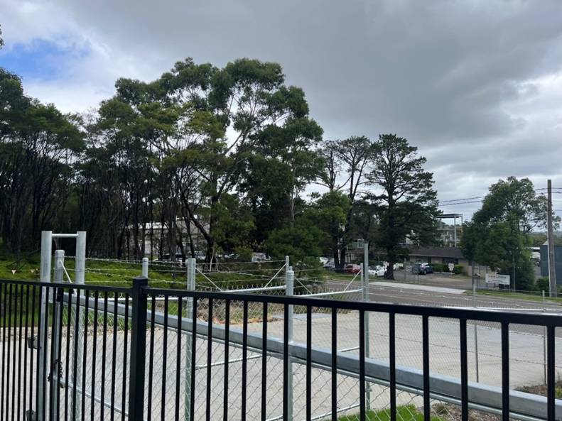 A fenced in area with trees and a road

AI-generated content may be incorrect.